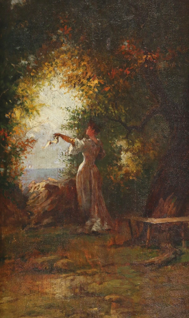 Giovane donna in un paesaggio costiero boscoso